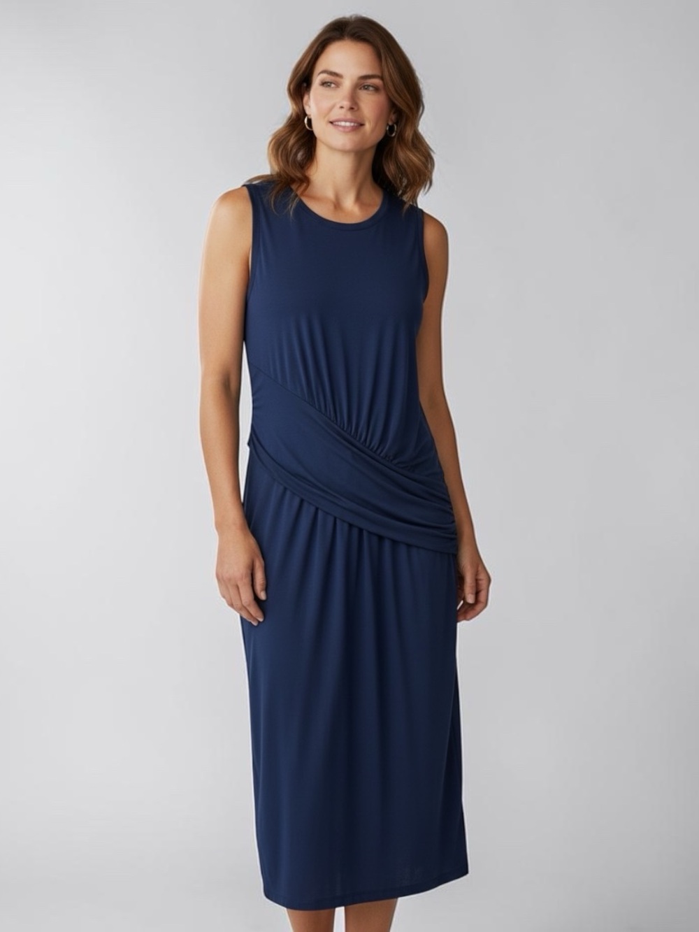Fabletics Retta Navy Blue Draped Midi Tank  Flattering Fitted Dress w/ Ruching